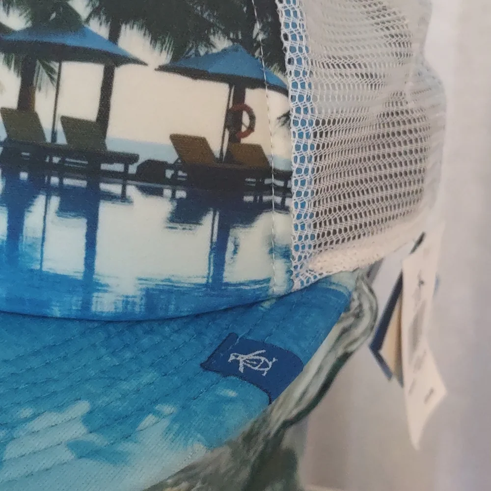 Penguin Palm trees Poolside Graphic Baseball Cap Mesh Trucker Blue Hat Resort - Picture 2 of 12